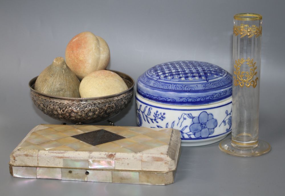 Three carved and painted hardstone fruits, 6cm, a mother of pearl overlaid case, a white metal bowl, a gilt glass vase and a Chinese po